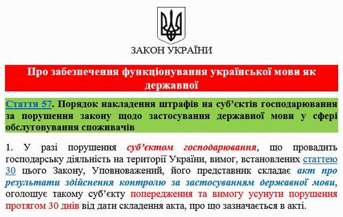 ЗУ Про укр мову 2019 ст 57 Штраф та Суб госп