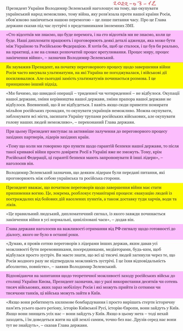 ОПУ про перемовини Зел 2022-03-12